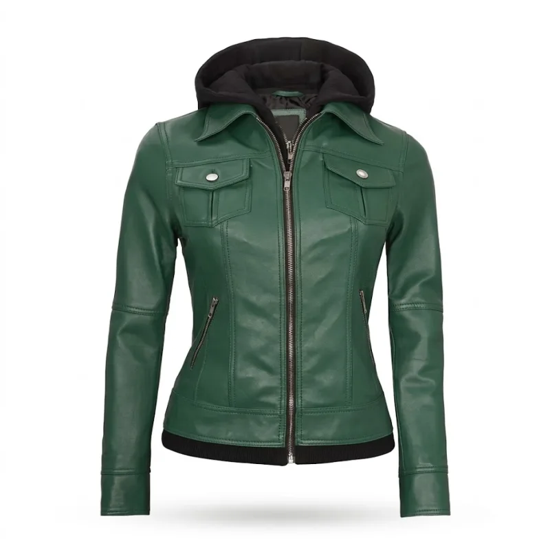 Green Sheepskin Leather Jacket With Removable Hood Green Sheepskin Leather Jacket With Removable Hood