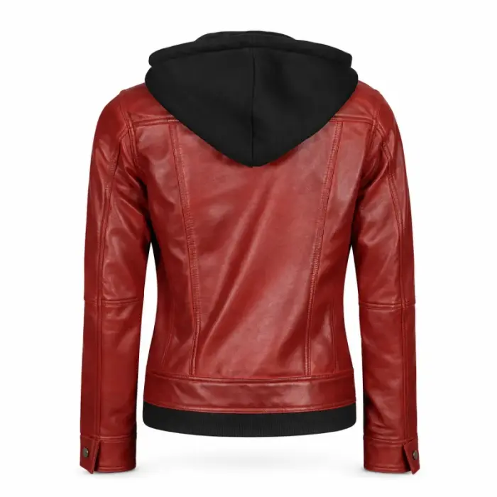 Maroon Sheepskin Leather Hooded Biker Jacket