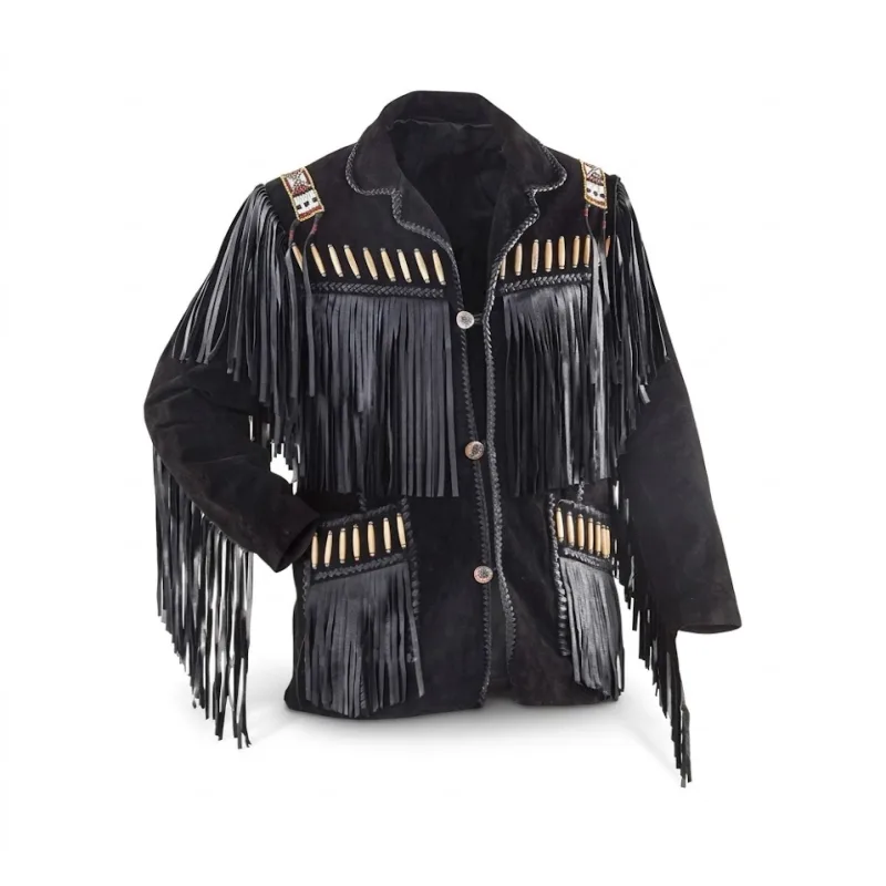 Matte Black Suede Leather Fringe-Tassels Jacket Men'S Matte Black Suede Leather Fringe-Tassels Jacket
