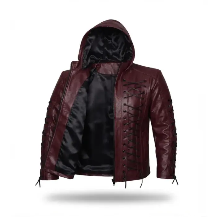 Men'S Burgundy Lace-Up Hooded Faux Leather Jacket - 2