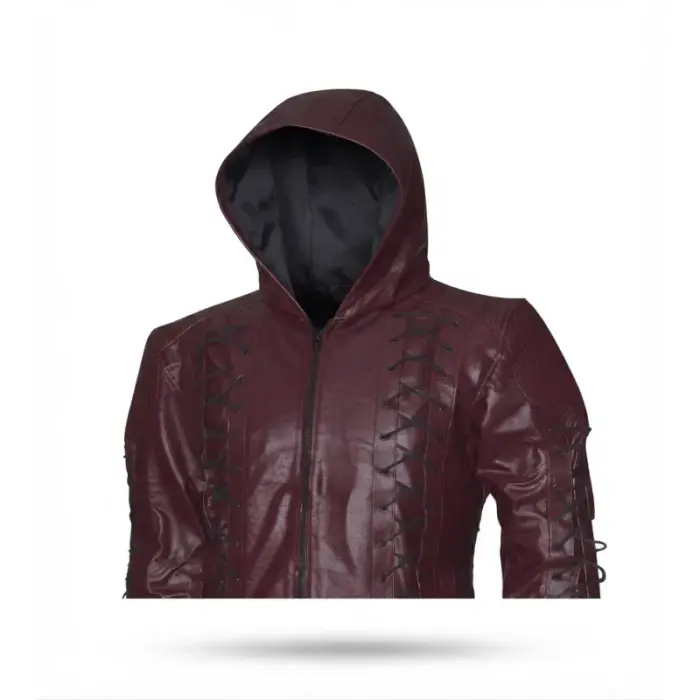 Men'S Burgundy Lace-Up Hooded Faux Leather Jacket - 3