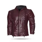 Men's Maroon Lace-Up Hooded Leather Jacket