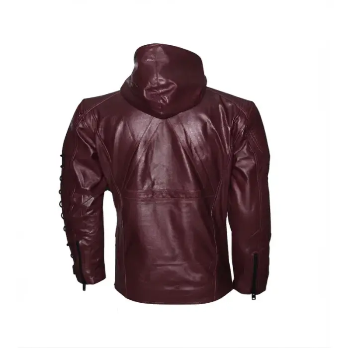 Men'S Burgundy Lace-Up Hooded Faux Leather Jacket