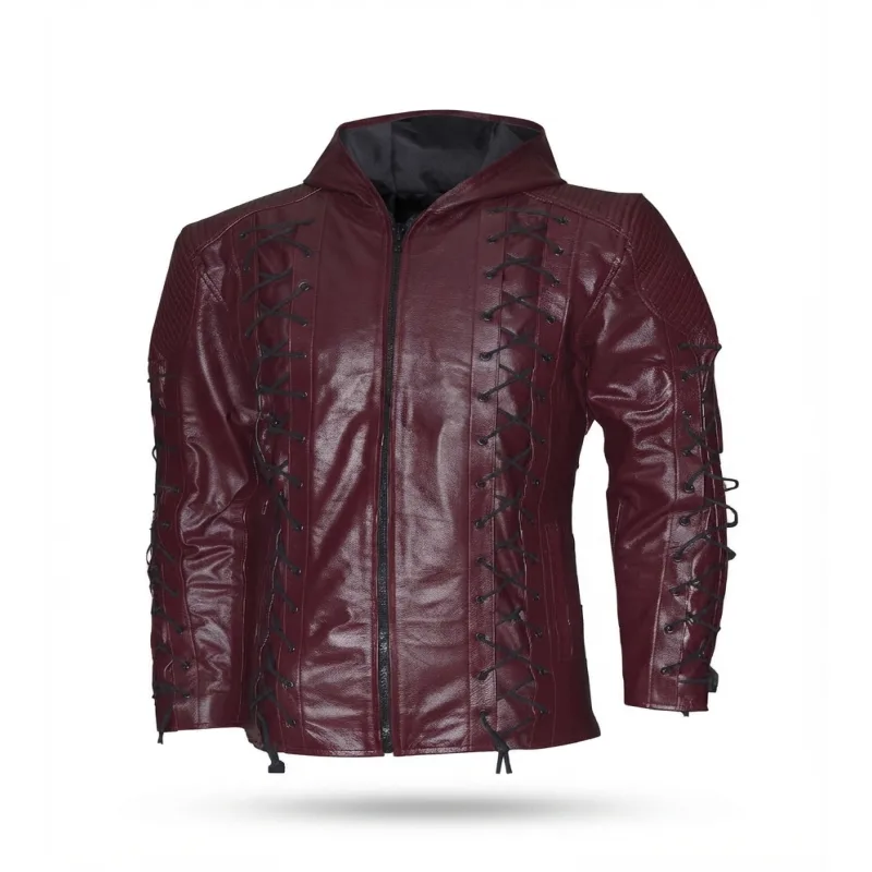 Men’S Burgundy Lace-Up Hooded Faux Leather Jacket Men'S Maroon Lace-Up Hooded Leather Jacket