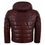 Men’s Cherry Red Quilted Leather Hooded Puffer Jacket