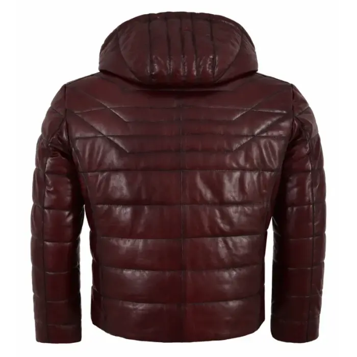 Men’S Cherry Red Quilted Leather Hooded Puffer Jacket