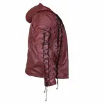 Men's Cherry Red Quilted Leather Hooded Puffer Jacket - 2