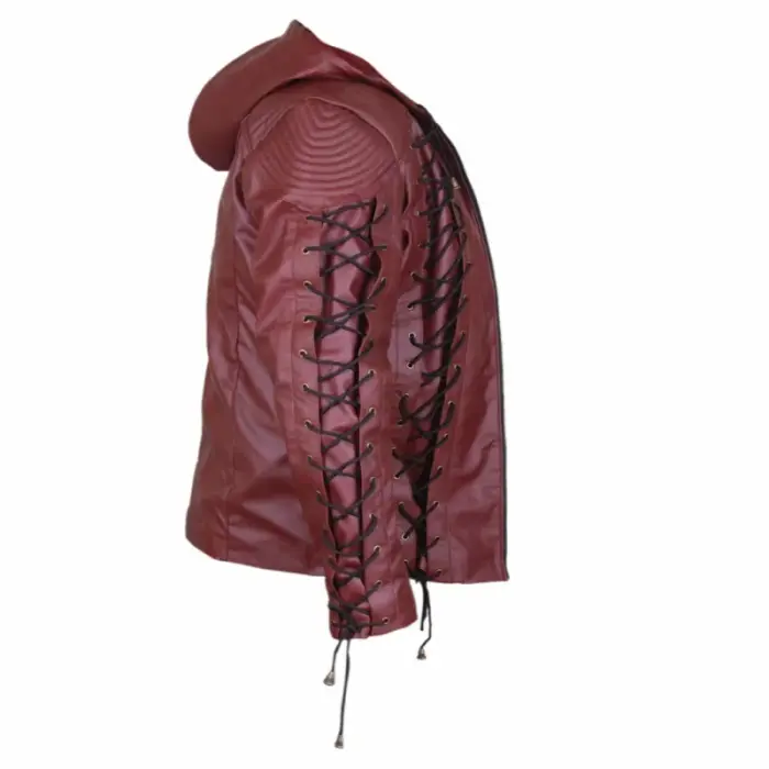 Men'S Cherry Red Quilted Leather Hooded Puffer Jacket - 2