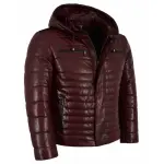 Men’s Cherry Red Quilted Leather Hooded Puffer Jacket