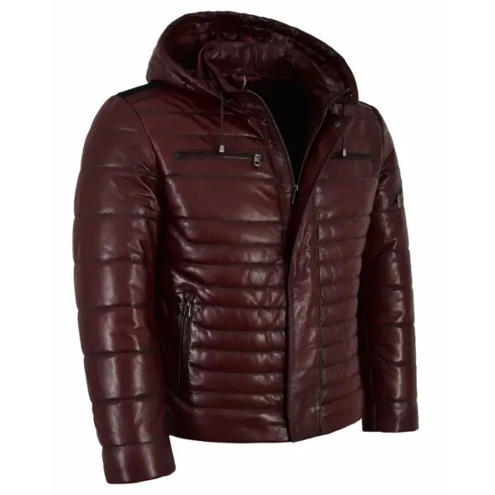 Men’S Cherry Red Quilted Leather Hooded Puffer Jacket