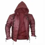 Men's Cherry Red Quilted Leather Hooded Puffer Jacket - 3