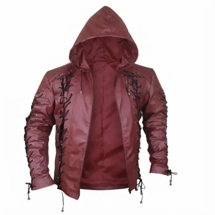 Men'S Cherry Red Quilted Leather Hooded Puffer Jacket - 3