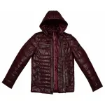 Men’s Cherry Red Quilted Leather Hooded Puffer Jacket