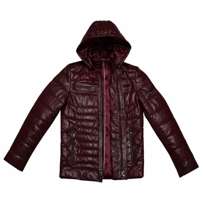 Men’S Cherry Red Quilted Leather Hooded Puffer Jacket