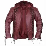 Men's Cherry Red Quilted Leather Hooded Puffer Jacket - 4