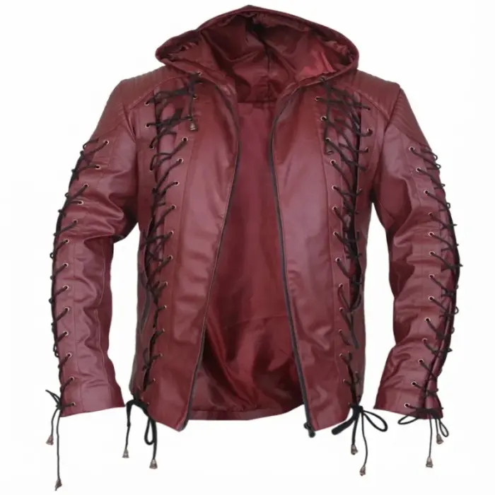 Men'S Cherry Red Quilted Leather Hooded Puffer Jacket - 4