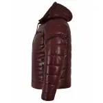 Men’s Cherry Red Quilted Leather Hooded Puffer Jacket