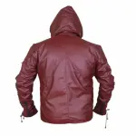 Men's Cherry Red Quilted Leather Hooded Puffer Jacket