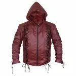 Burgundy Lace-Up Hooded Faux Leather Jacket