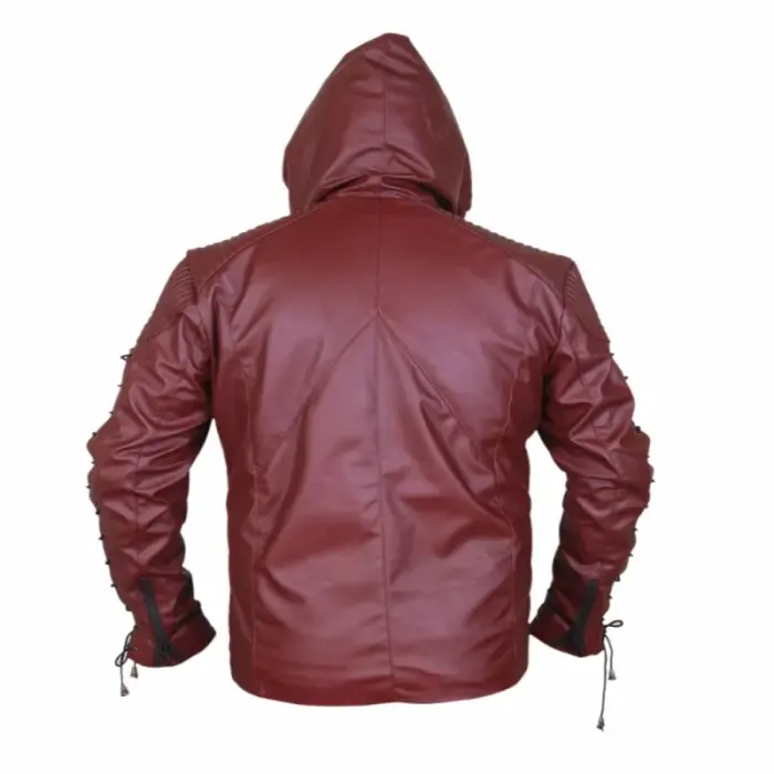 Men'S Cherry Red Quilted Leather Hooded Puffer Jacket