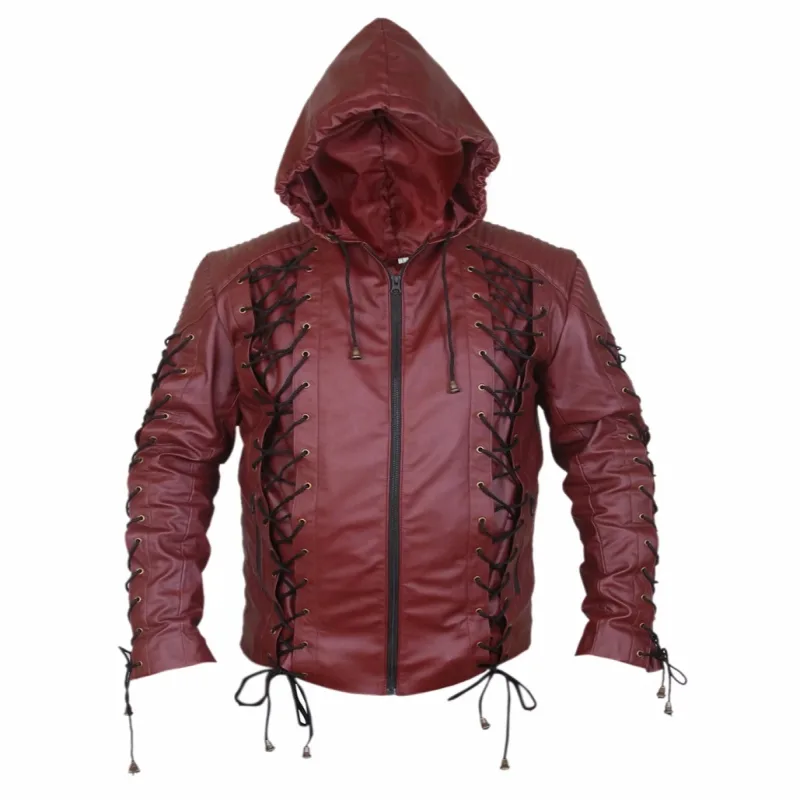Men’S Cherry Red Quilted Leather Hooded Puffer Jacket Burgundy Lace-Up Hooded Faux Leather Jacket