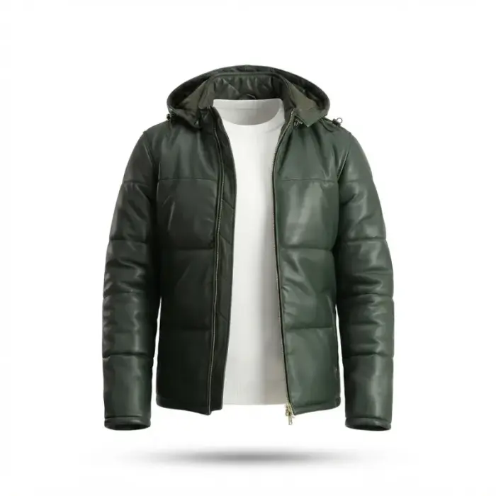 Men’S Forest Green Leather Quilted Puffer Jacket