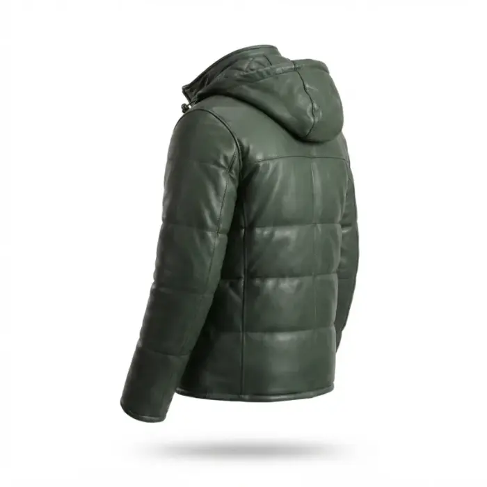 Men’S Forest Green Leather Quilted Puffer Jacket