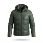 Men's Forest Green Leather Quilted Puffer Jacket