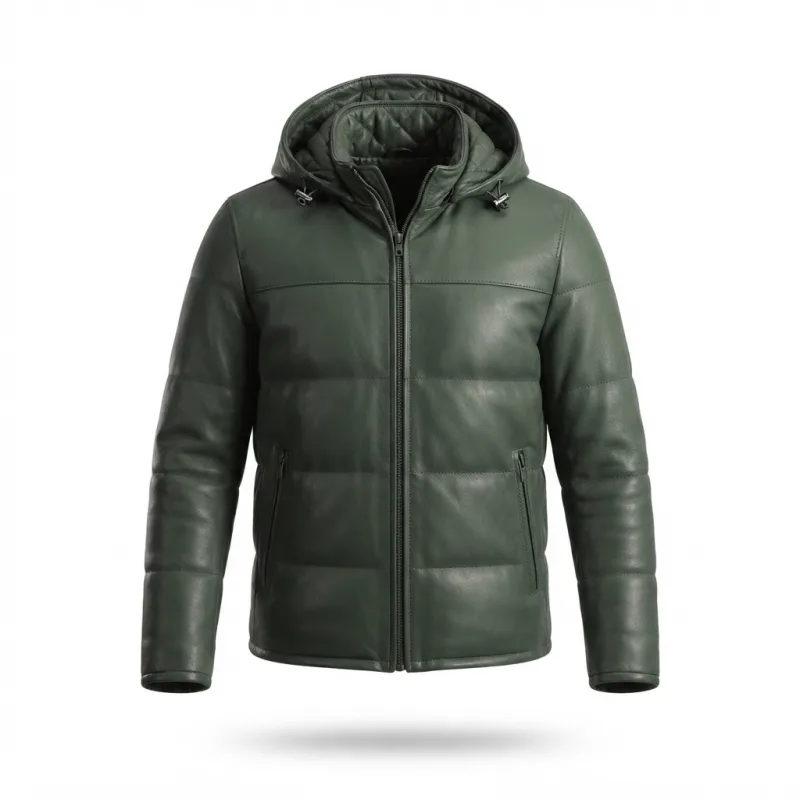 Men’S Forest Green Leather Quilted Puffer Jacket Men'S Forest Green Leather Quilted Puffer Jacket