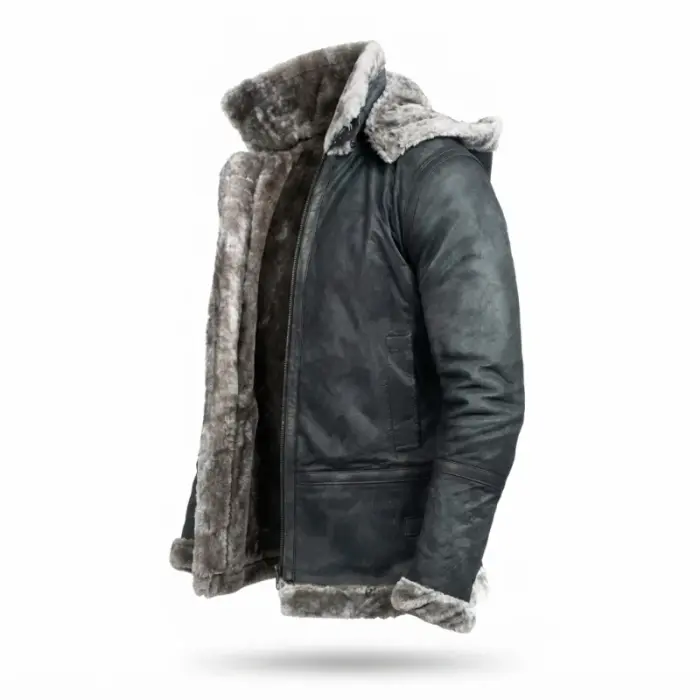 Men’S Grey Hooded B-3 Bomber Jacket With Shearling Trim
