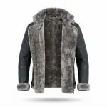 Men’s Grey Hooded B-3 Bomber Jacket with Shearling Trim