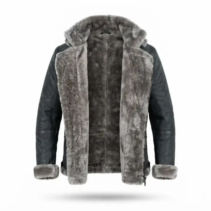 Men’S Grey Hooded B-3 Bomber Jacket With Shearling Trim