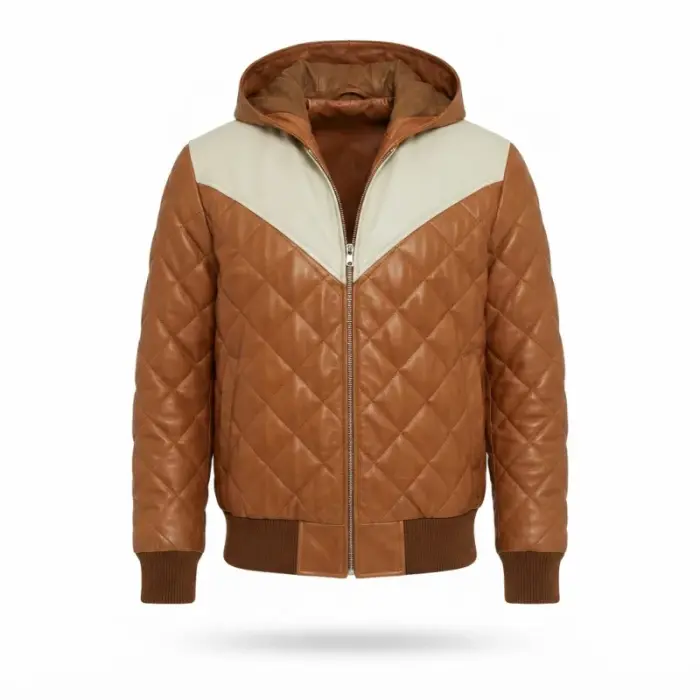 Men’S Tan/Cream Diamond Quilted Hooded Bomber Jacket