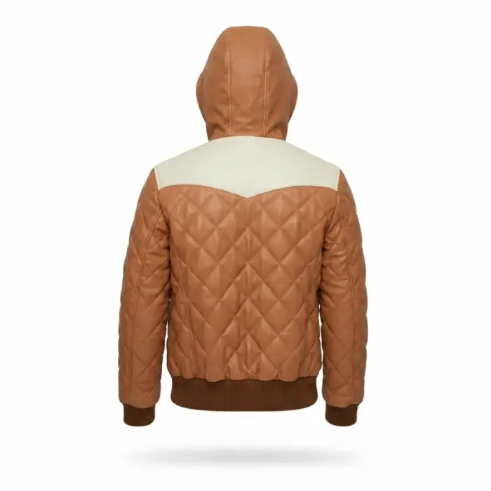 Men’S Tan/Cream Diamond Quilted Hooded Bomber Jacket