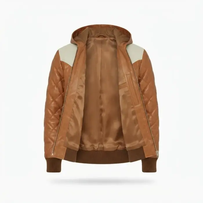 Men’S Tan/Cream Diamond Quilted Hooded Bomber Jacket