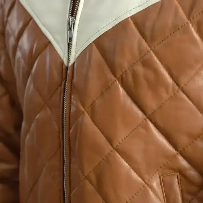 Men’S Tan/Cream Diamond Quilted Hooded Bomber Jacket