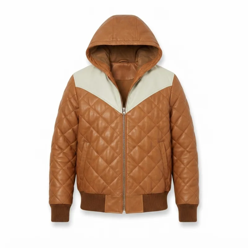 Men’S Tan/Cream Diamond Quilted Hooded Bomber Jacket Diamond Quilted Hooded Bomber Jacket