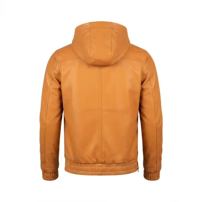 Men’S Tan Leather Hooded Anorak Pullover Jacket