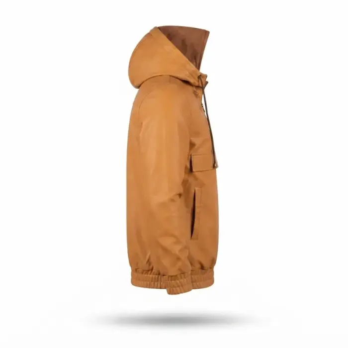 Men’S Tan Leather Hooded Anorak Pullover Jacket