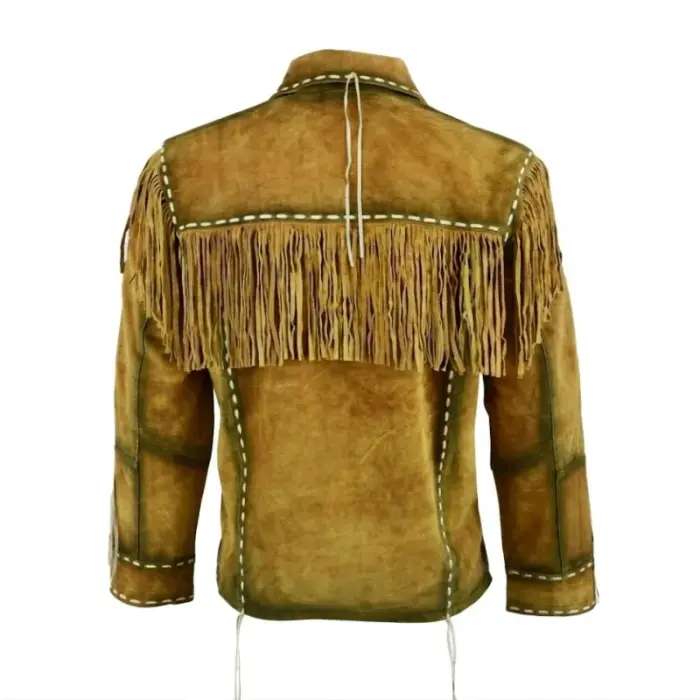 Ochre Seude Leather Western Jacket With Fringed Beads