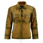 Men’s Ochre Seude Leather Western Jacket With Fringed Beads
