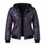 Women's Purple Lambskin Leather Hooded Jacket