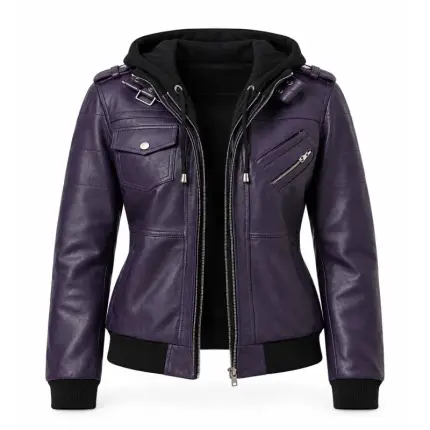 Women's Purple Lambskin Leather Hooded Jacket