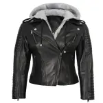 Women's Real Leather Biker Jacket With Removable Hood