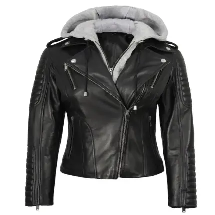 Women's Real Leather Biker Jacket With Removable Hood