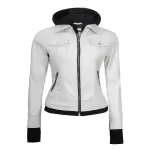 Women's Real Leather Bomber Jacket With Detachable Hood
