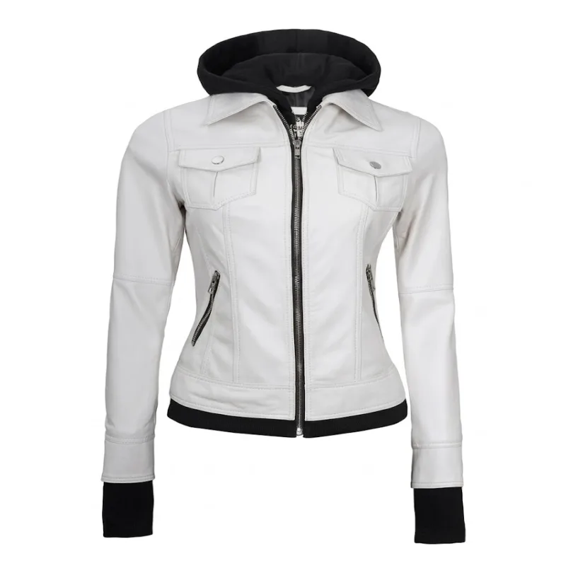 Real Leather Bomber Jacket With Detachable Hood Women'S Real Leather Bomber Jacket With Detachable Hood