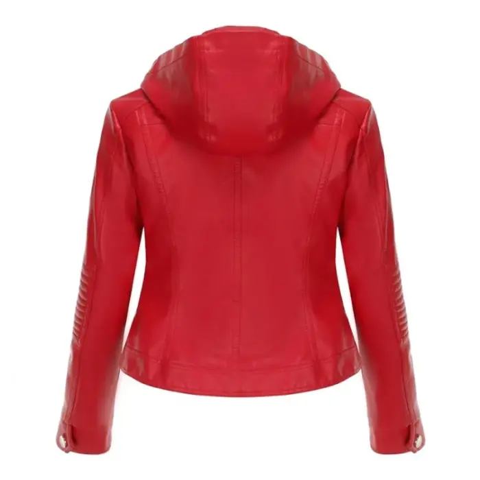 Red Lambskin Leather Jacket With Removable Hood