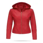 Women's Red Lambskin Leather Jacket With Removable Hood