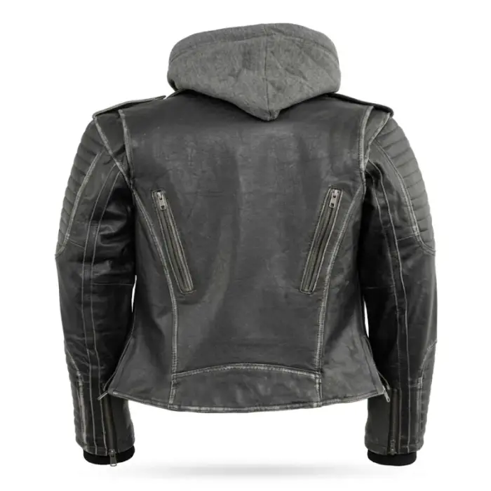 Silver Distressed Leather Hooded Biker Jacket